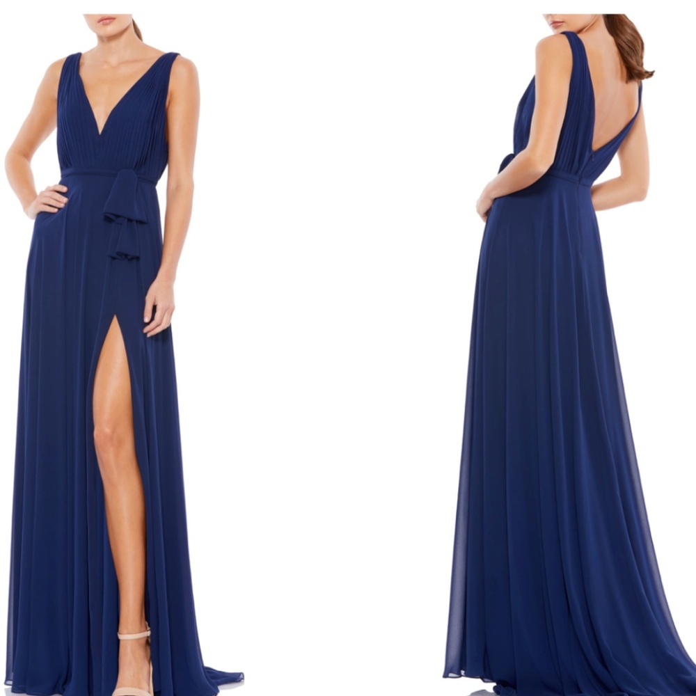 NEW Ieena For Mac Duggal Midnight Blue Chiffon Column Gown Size 6